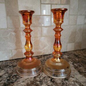 Vintage Marigold Imperial Carnival Glass Candlestick Holders-50s/60s